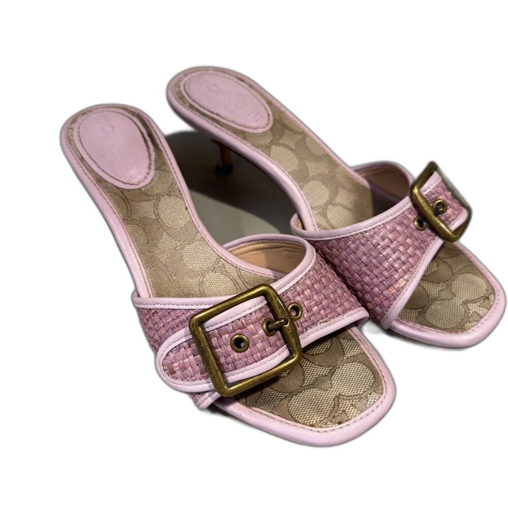 Coach Margot Sandals Heels Raffia Leather Buckle Kitten Slide Purple Women 8.5